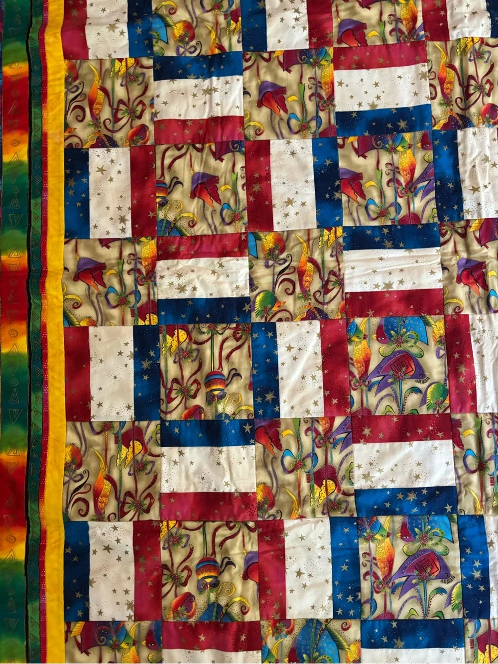 Handmade Laurel Burch Quilt - Patriotic Americana Patchwork Throw 58x58 Cabin